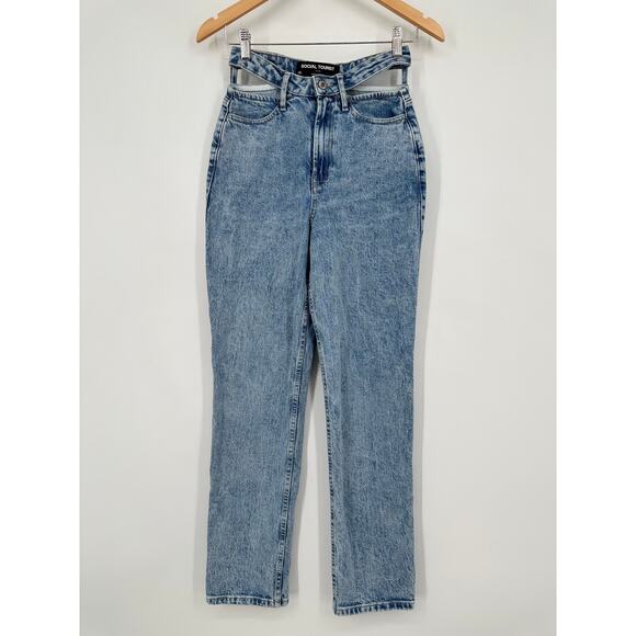 Hollister Social Tourist Ultra High Rise Straight Leg Jeans Cut-Out Waist, Blue - Picture 5 of 13